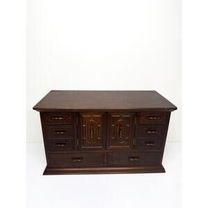 Rare Vintage MCM wooden Large jewelry box with lots of drawers, brass tone